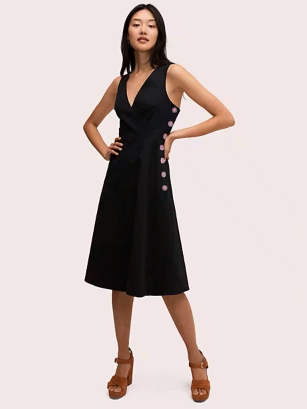Kate Spade New York Sleeveless Black V-Neck Midi Dress Pink Side Buttons 8